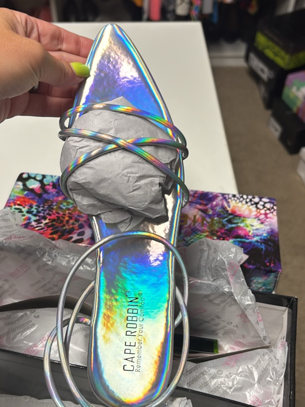 Cape Robbin Iridescent Holographic Pointed Toe Strappy Slide